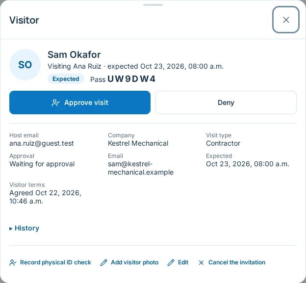 A visitor record for a contractor, waiting for approval, with Approve visit and Deny buttons and the visitor terms marked as agreed.
