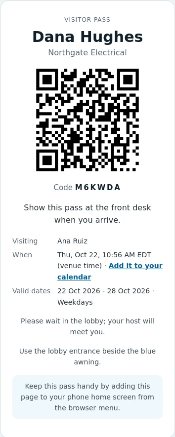 A contractor visitor pass with a QR code, the host, the valid dates and the Weekdays repeat.