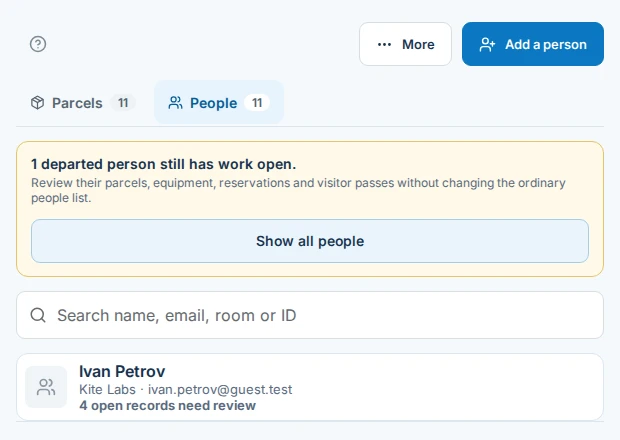 People list filtered to one departed member who still has open records to review.