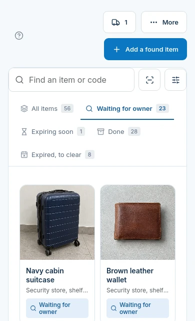 Found items in a fictional convention security store with a shelf location.