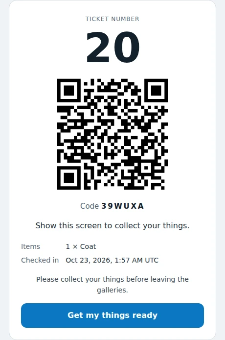 The actual guest Checkroom ticket with collection code and Get my things ready button.