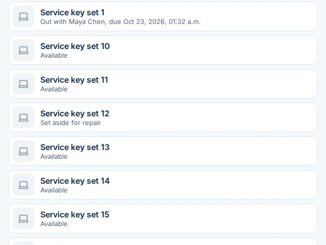 The actual Equipment inventory with fictional service key sets.