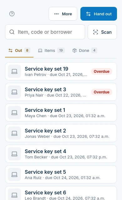 The Equipment overdue list in the fictional key desk scene.