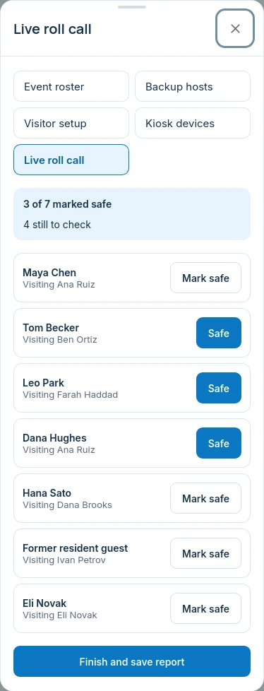 A live roll call: how many people are marked safe, the visitors still to check with their host, a Mark safe button beside each, and the Finish and save report button.
