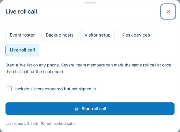 The Live roll call tab with a Start roll call button and a choice to include visitors expected but not signed in.