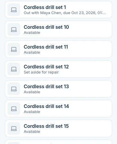 The actual Equipment inventory with fictional cordless drill sets.