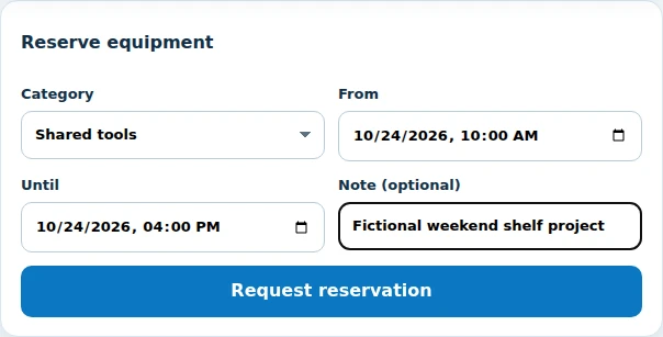 The real My vFound category request form filled for Shared tools and a weekend project.